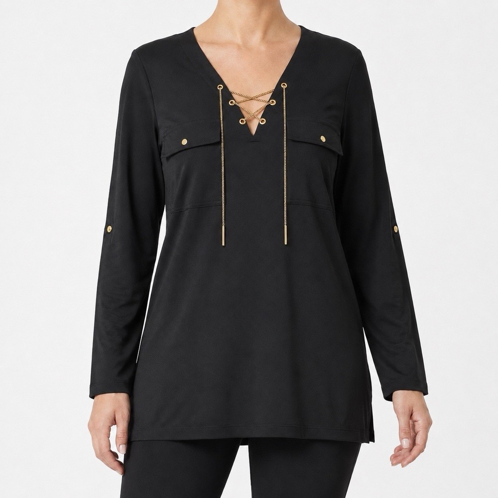 MaxSport Black Gold Chain Lace-Up Tunic Top Blouse Womens MX34471S Glam